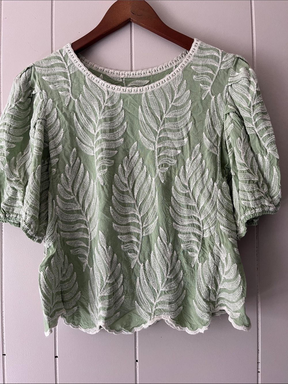 Embroidered Leaf Puff-Sleeve Top - Light Green